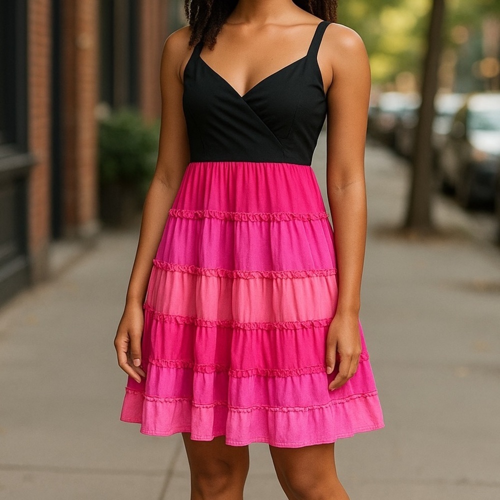 DRESS BARN PINK OMBRE SPAGHETTI STRAP MULTI COLOR RUFFLE SUMMER SUN DRESS SZ 4P